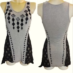 VOCAL Grey and Black Aztec Embroidered Tank with Lace and Jewel Detail
